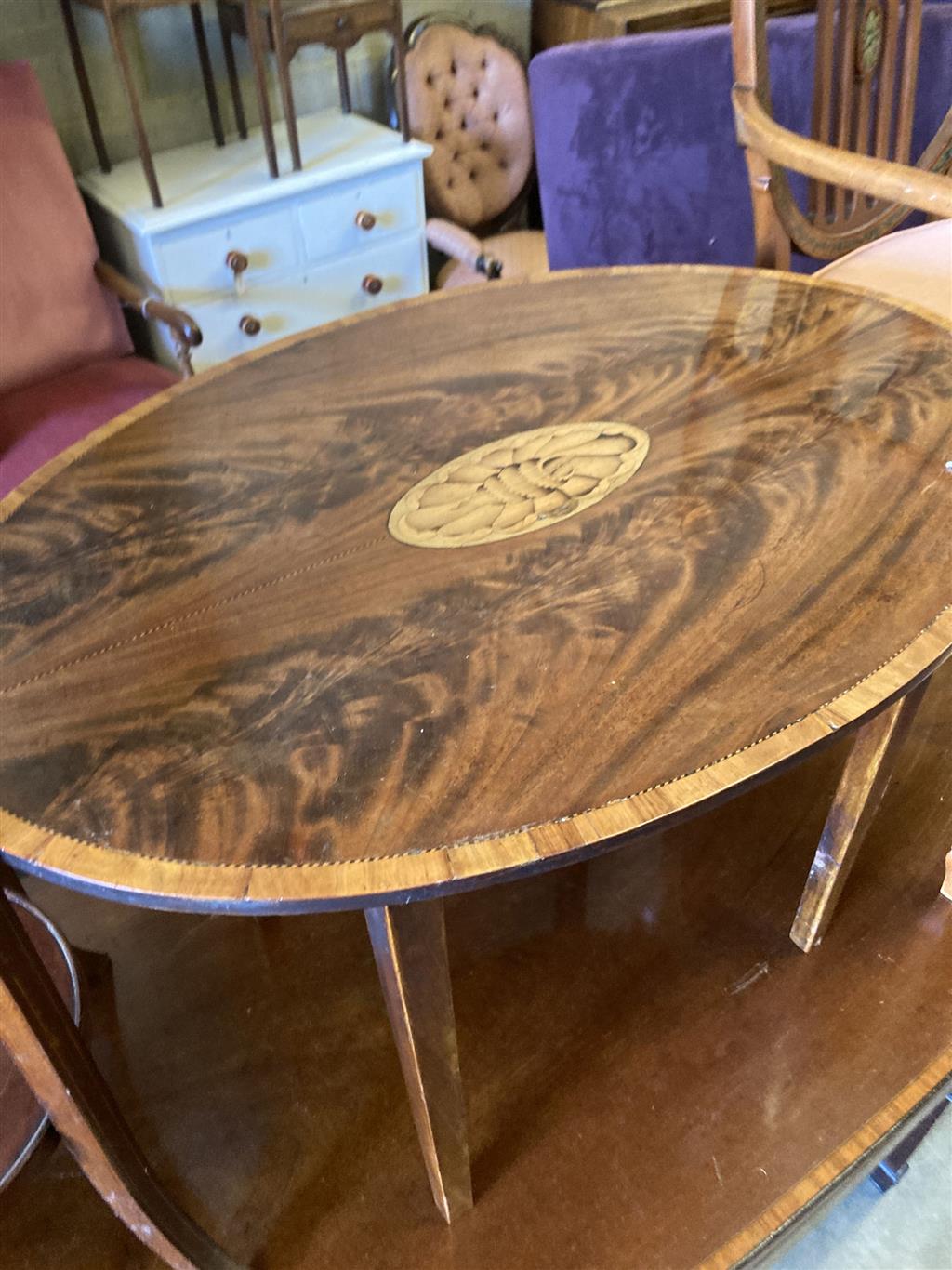 An oval marquetry inlaid mahogany occasional table, width 75cm, depth 52cm, height 50cm, together with an Edwardian two tier plant stan